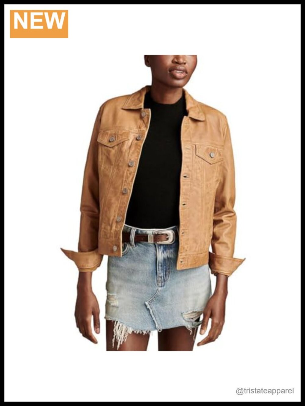 Women's Leather Trucker Jacket Long Sleeve Motorcycle Coat